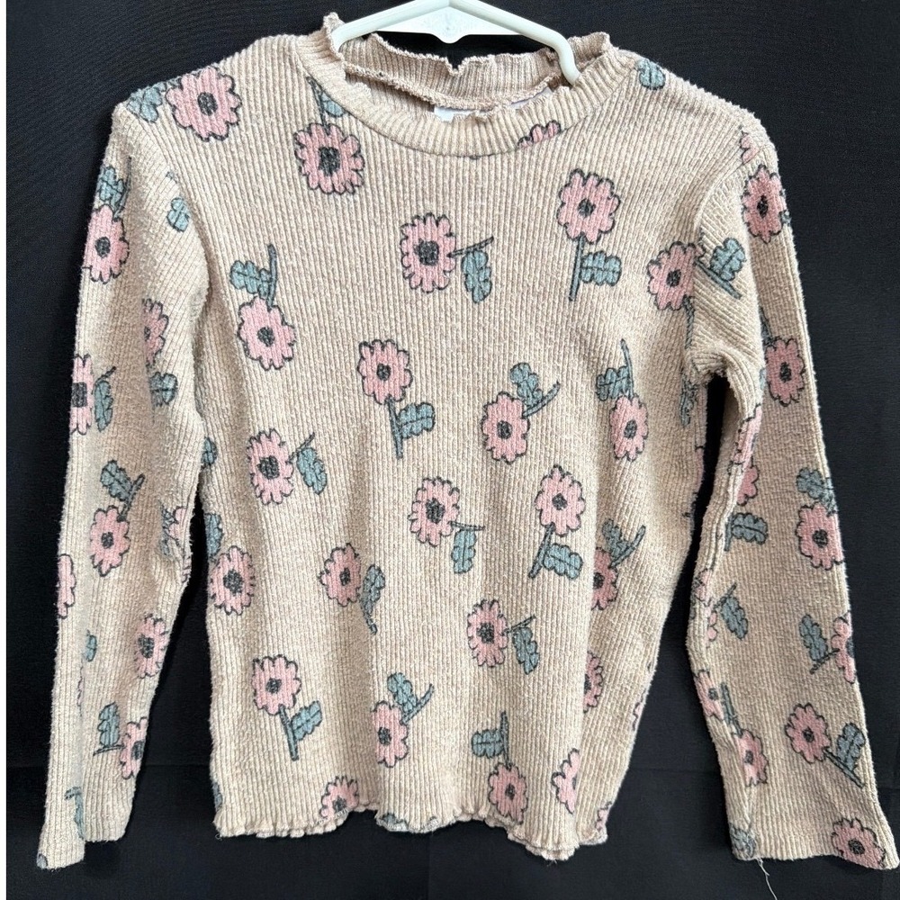 ZARA Girls‎ Floral Knit Sweater Size 3-4 Beige Cottagecore Ribbed Frill Trim